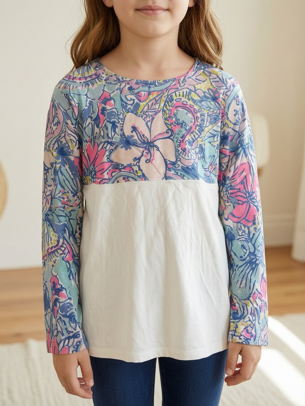 Girls' Floral Print Long-Sleeve Colorblock Top - White & Multicolor